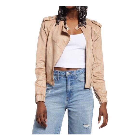 BLANKNYC Faux Suede Moto Bomber Jacket Sand Dune Tan Long Sleeve Zip-Up L - Picture 4 of 13